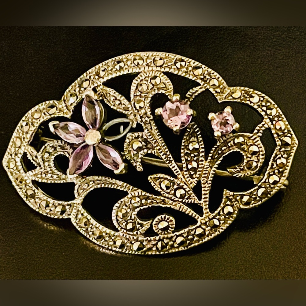 Vintage Sterling Silver Marcasite Amethyst Floral Pin Brooch - Picture 7 of 9